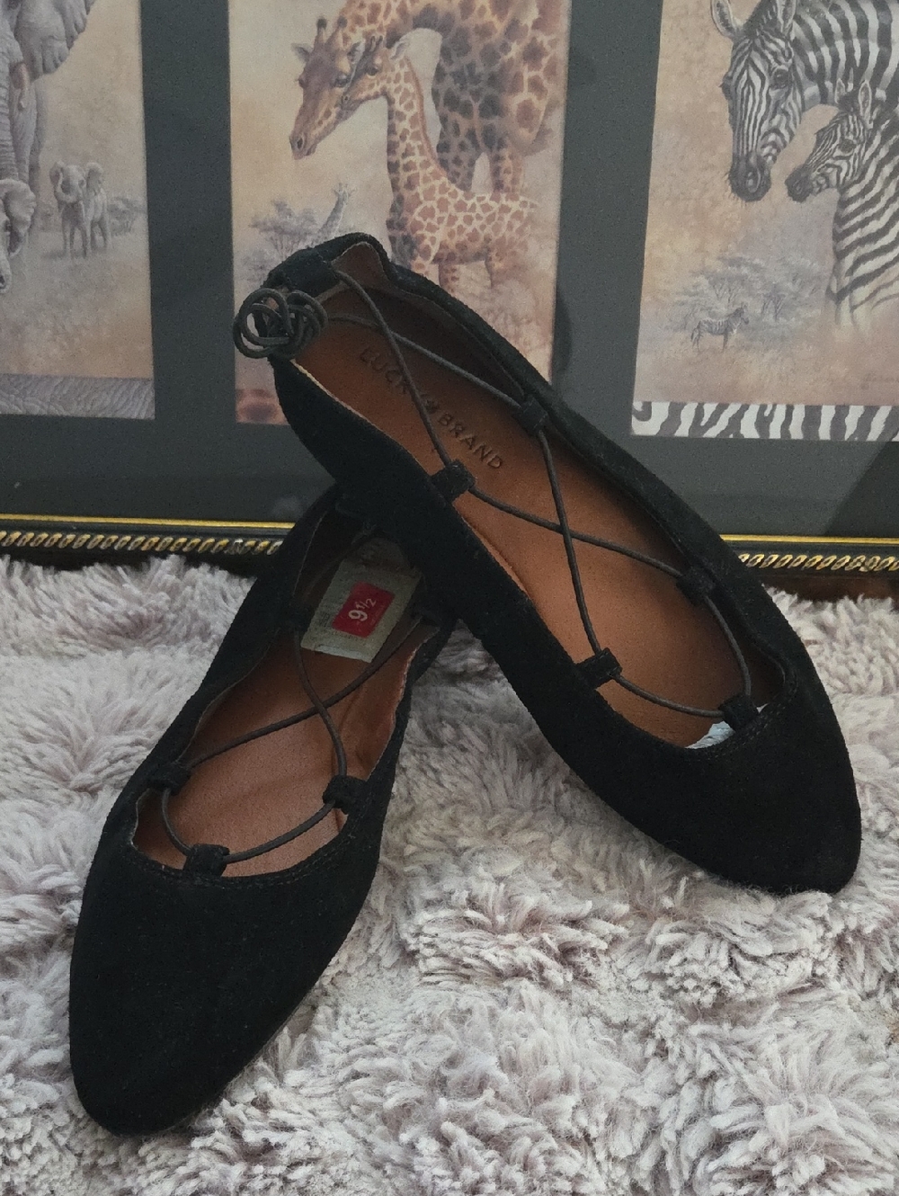 Lucky Brand Black Pointed Ballet Flats with Lace-Up Detail